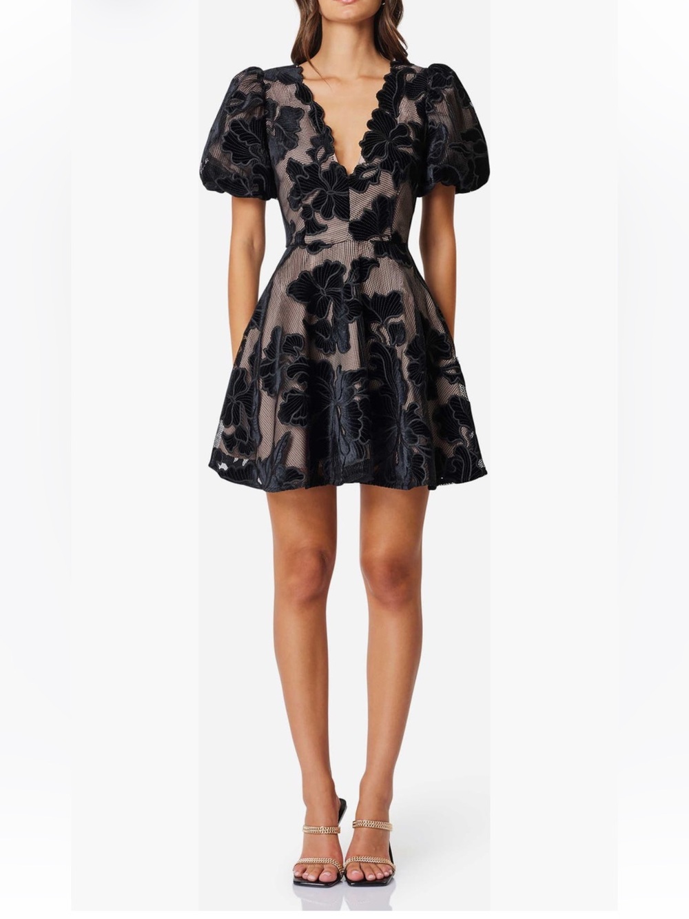 Elliatt Black Floral Mesh V‑Neck Fit & Flare Dress